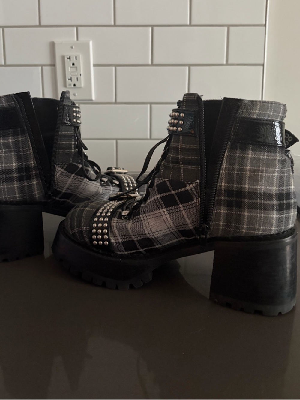 Jeffrey Campbell Helter Black/Grey Plaid Combat Boots - Picture 10 of 14